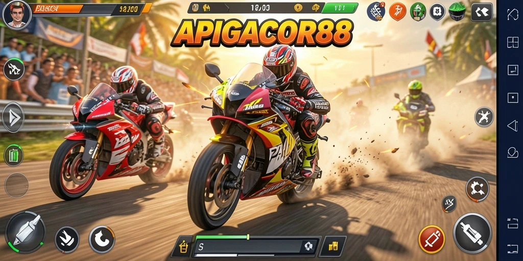 Tampilan gameplay balapan motor yang mendebarkan di APIGACOR88.