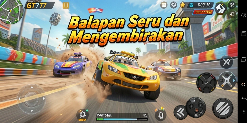 Screenshot utama GT777 menampilkan aksi balapan mendebarkan di lintasan yang berliku.