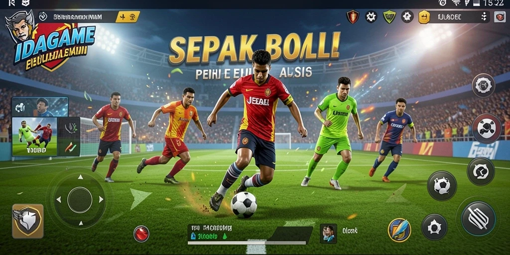 Screenshot gameplay IDAGAME menampilkan aksi sepak bola yang menarik.