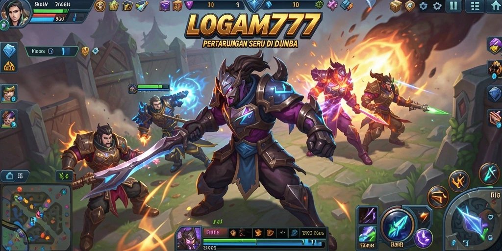 Screenshot gameplay LOGAM777 dalam aksi pertarungan MOBA.