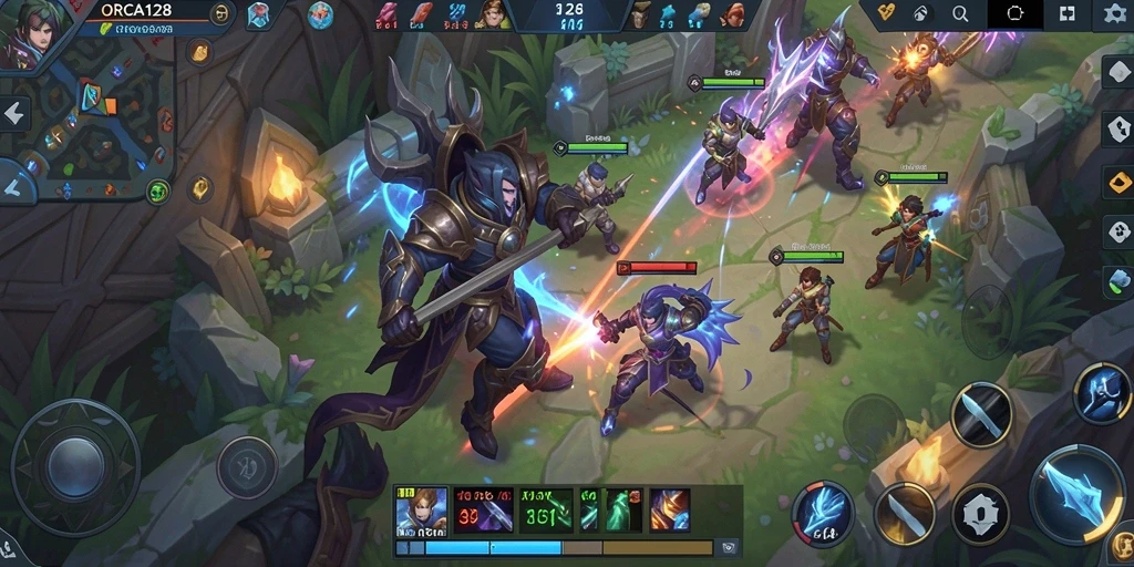 Screenshot utama ORCA128 menunjukkan aksi seru dalam pertarungan MOBA.