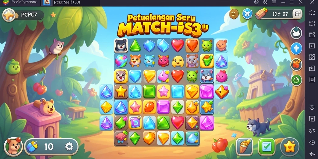 Screenshot PCPC7 menampilkan antarmuka gameplay Match-3 yang penuh warna.